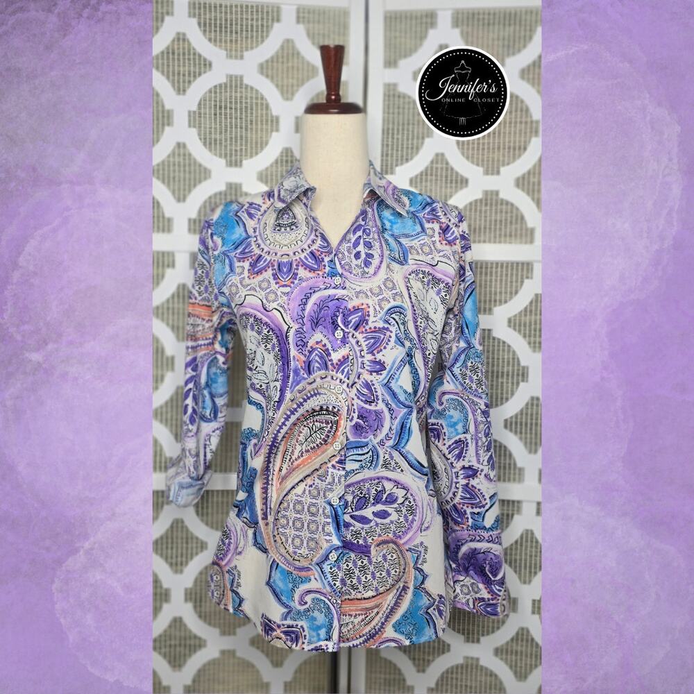 Chico's No-Iron Pastel Paisley Tab Sleeve Button Front Blouse Size 0=S/4